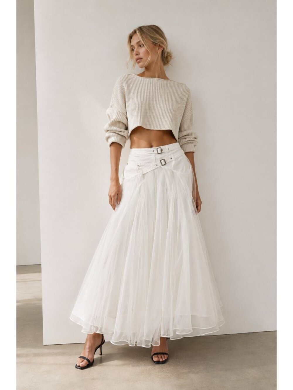 White Tulle Maxi Skirt Buckle Waist Layered Mesh Fairy Grunge Cottagecore S